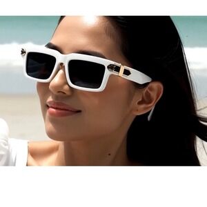 White Square Sunglasses Mens Womens Gold Detail Fashion Eyewear Luxury UV400 New